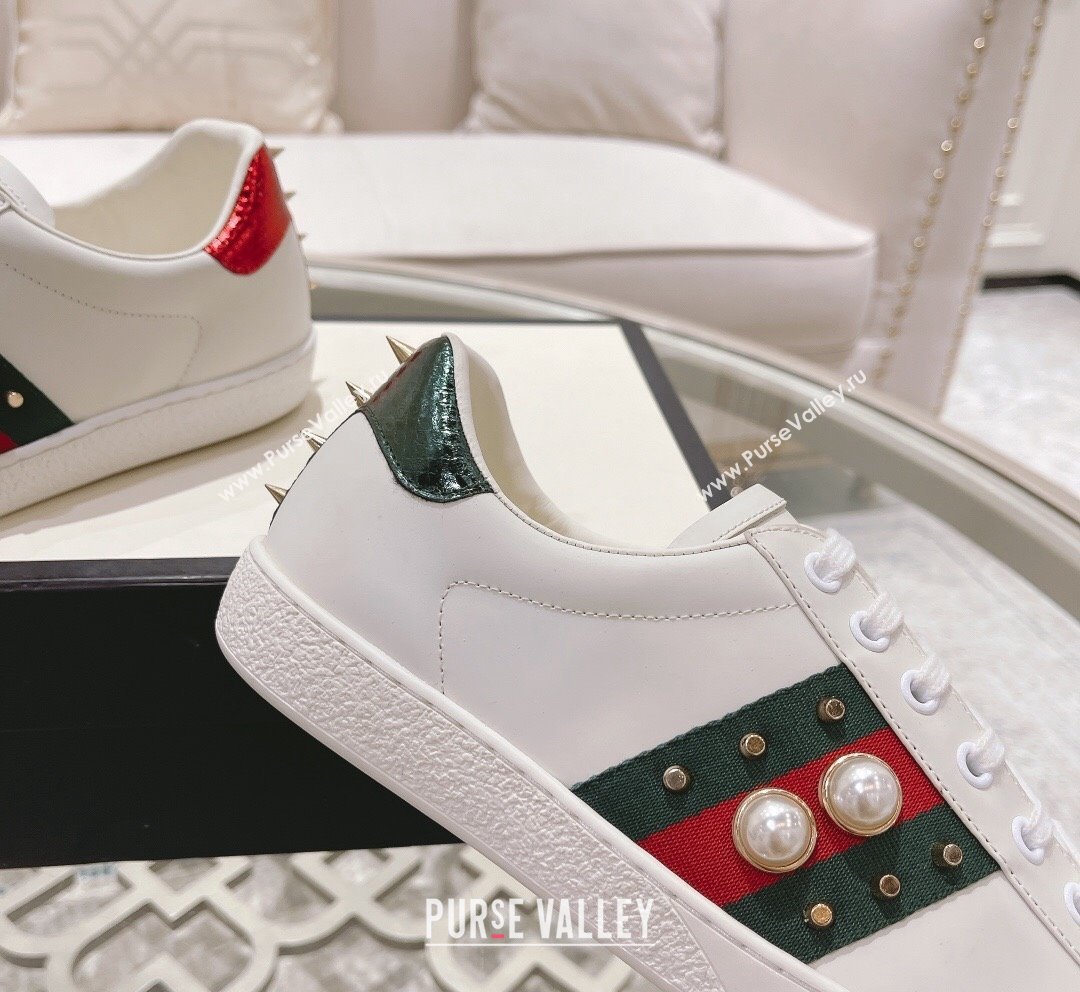 Gucci Ace Leather Sneakers with Pearls Web White 2023 1012 (SS-231012094)