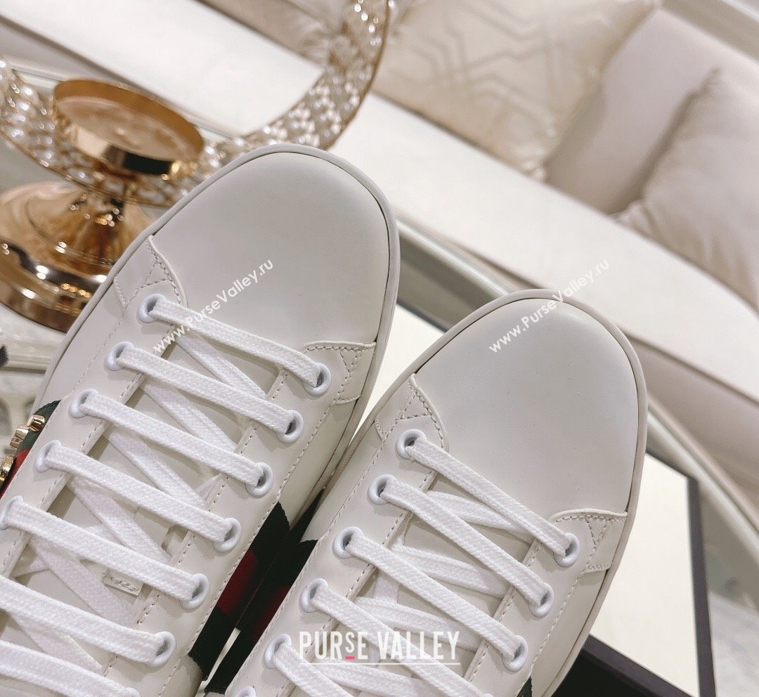 Gucci Ace Leather Sneakers with Pearls Web White 2023 1012 (SS-231012094)