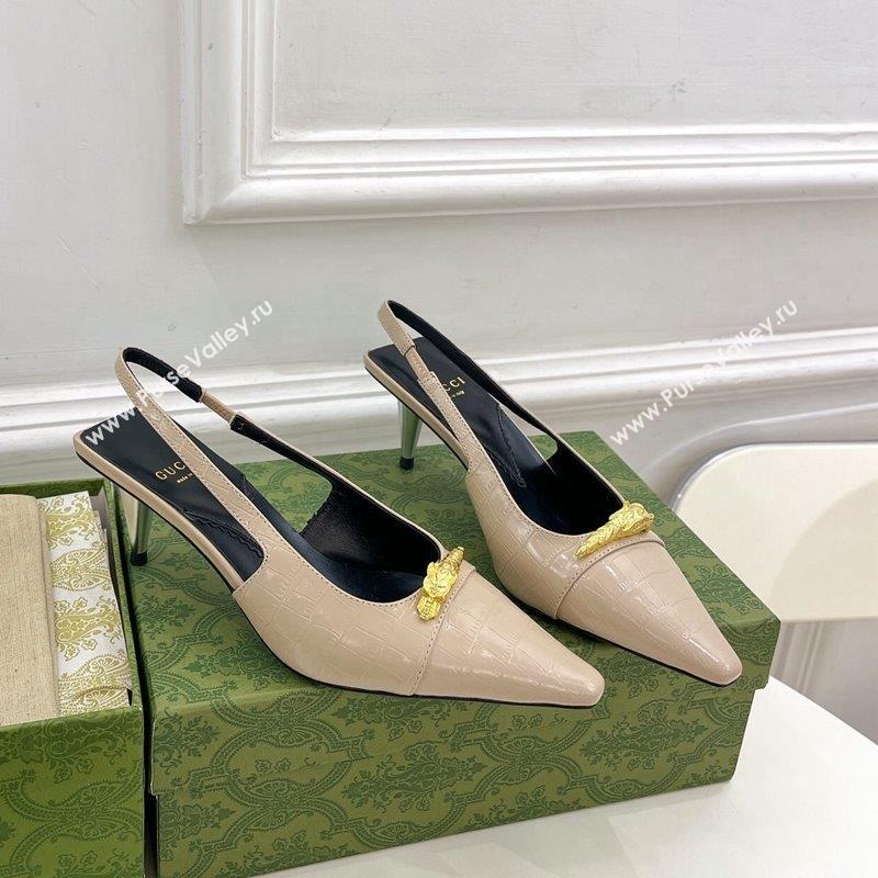 Gucci Stone Embossed Leather Slingback Pump ‎5.5cm with Tiger Head ‎768113 Beige 2023 (MD-231024014)