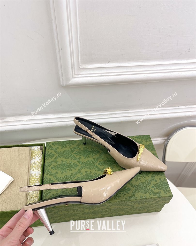 Gucci Stone Embossed Leather Slingback Pump ‎5.5cm with Tiger Head ‎768113 Beige 2023 (MD-231024014)