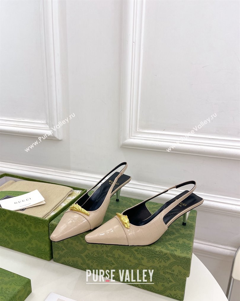 Gucci Stone Embossed Leather Slingback Pump ‎5.5cm with Tiger Head ‎768113 Beige 2023 (MD-231024014)