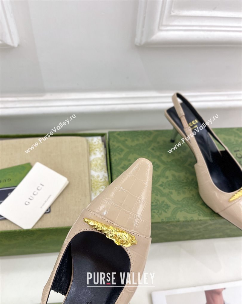 Gucci Stone Embossed Leather Slingback Pump ‎5.5cm with Tiger Head ‎768113 Beige 2023 (MD-231024014)