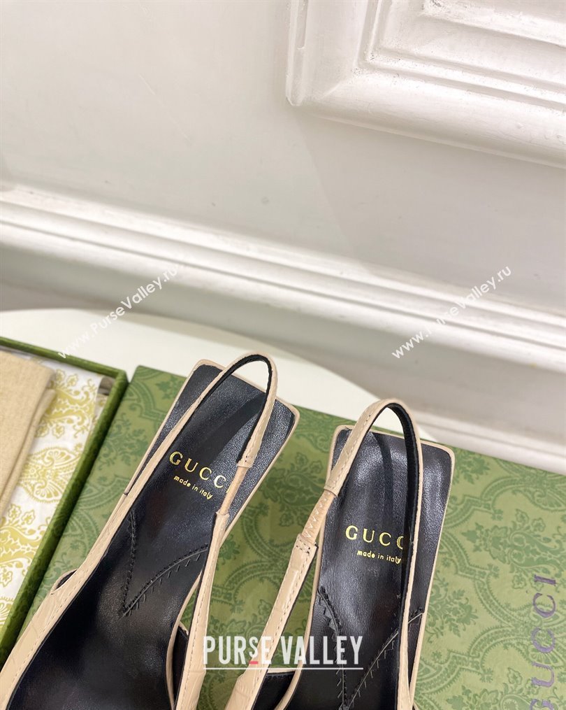 Gucci Stone Embossed Leather Slingback Pump ‎5.5cm with Tiger Head ‎768113 Beige 2023 (MD-231024014)