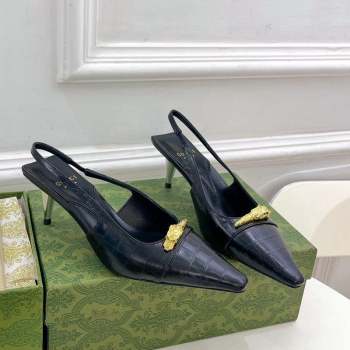 Gucci Stone Embossed Leather Slingback Pump ‎5.5cm with Tiger Head 768113 Black 2023 (MD-231024016)