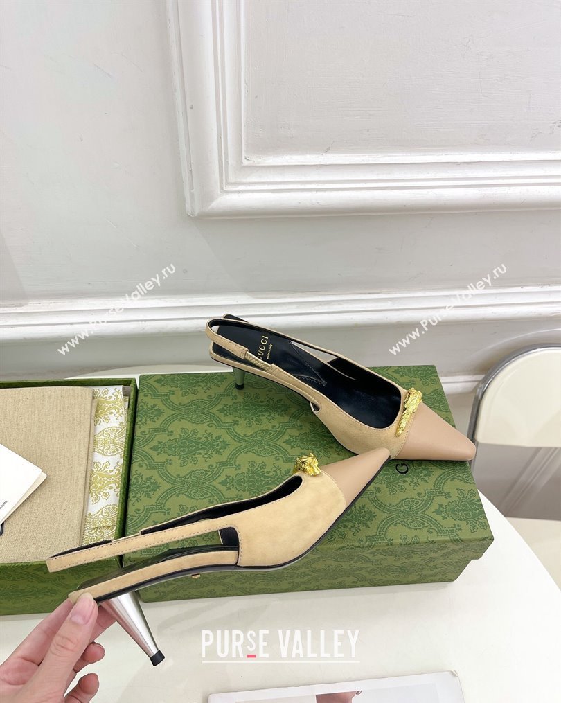 Gucci Suede and Leather Slingback Pump ‎5.5cm with Tiger Head 768113 Beige/Pink 2023 (MD-231024017)