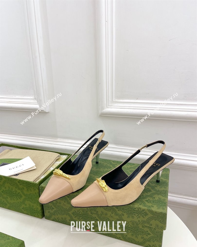 Gucci Suede and Leather Slingback Pump ‎5.5cm with Tiger Head 768113 Beige/Pink 2023 (MD-231024017)