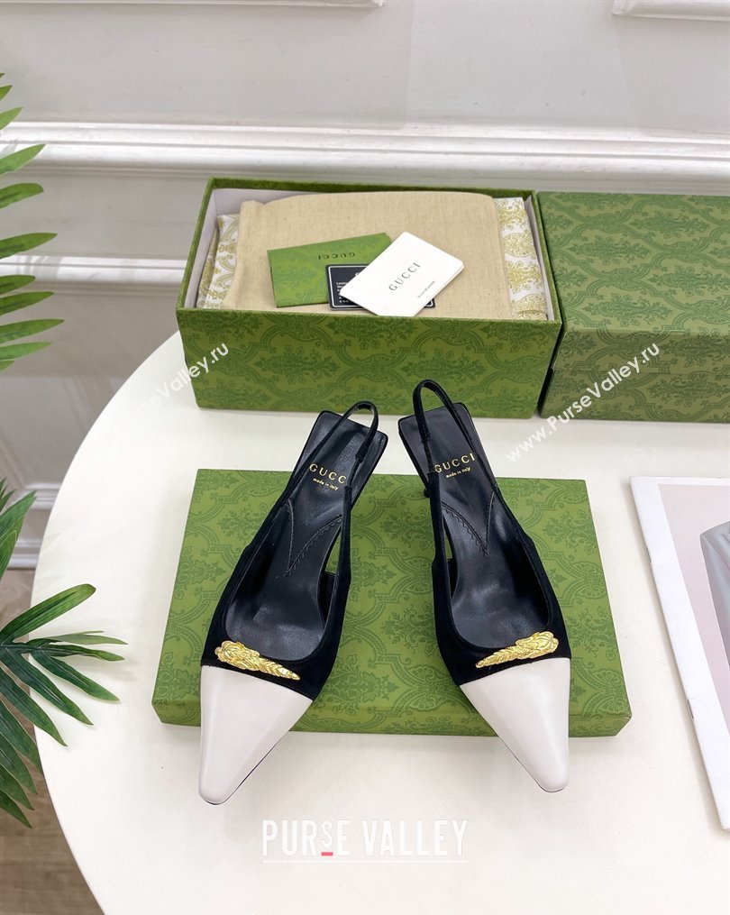 Gucci Suede and Leather Slingback Pump ‎5.5cm with Tiger Head 768113 Black/White 2023 (MD-231024018)