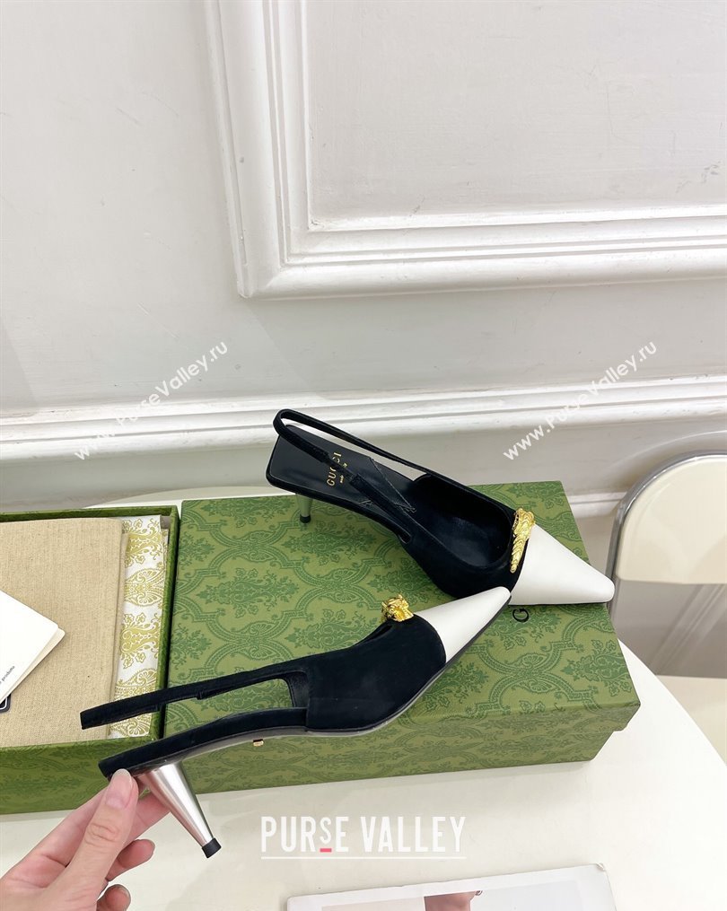 Gucci Suede and Leather Slingback Pump ‎5.5cm with Tiger Head 768113 Black/White 2023 (MD-231024018)