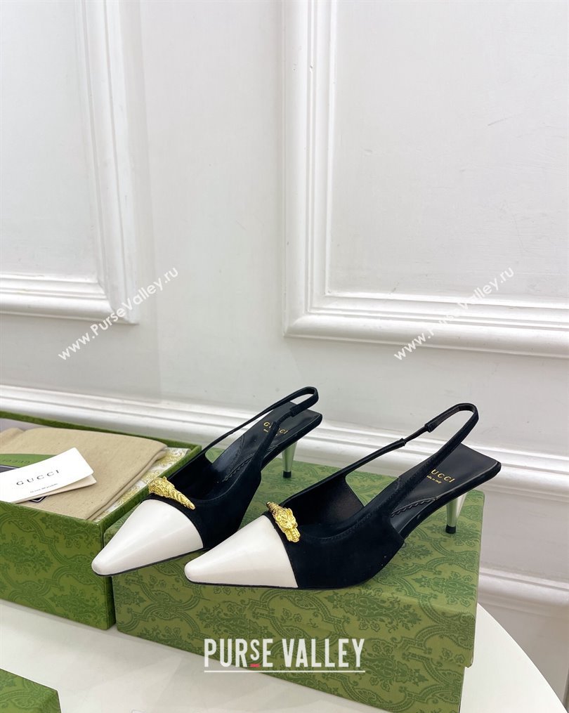 Gucci Suede and Leather Slingback Pump ‎5.5cm with Tiger Head 768113 Black/White 2023 (MD-231024018)