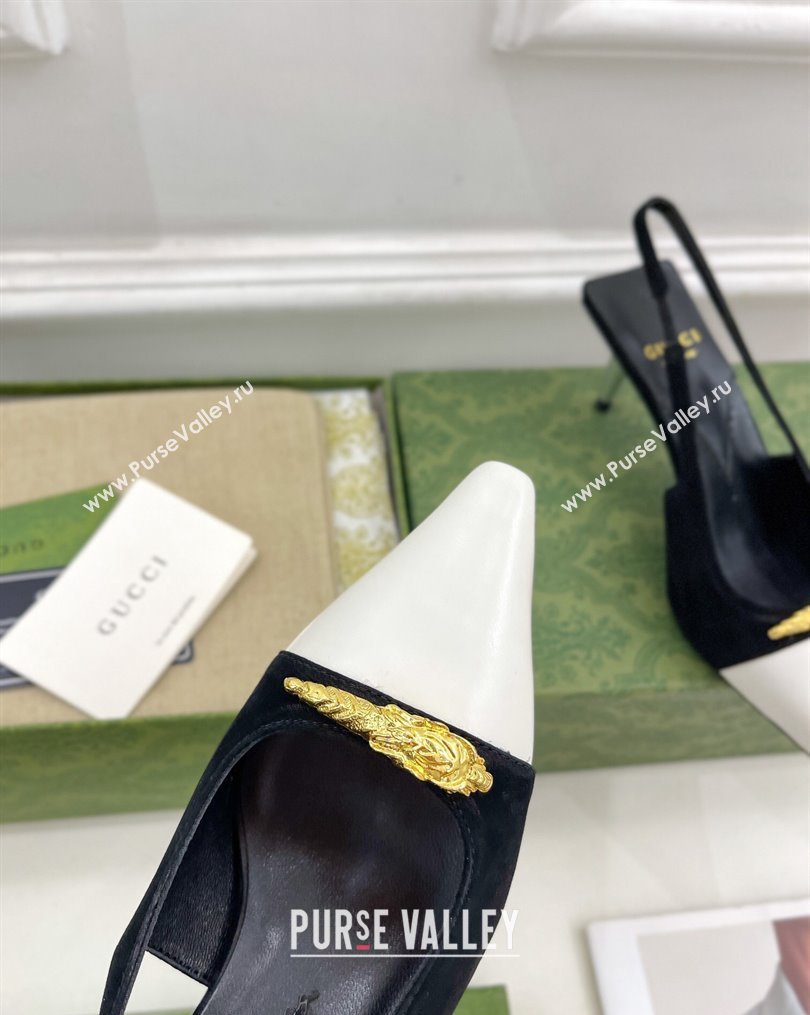 Gucci Suede and Leather Slingback Pump ‎5.5cm with Tiger Head 768113 Black/White 2023 (MD-231024018)