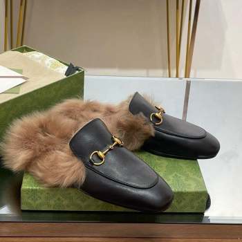 Gucci Leather and Wool Slippers with Horsebit Black 2023 1024 (MD-231024029)