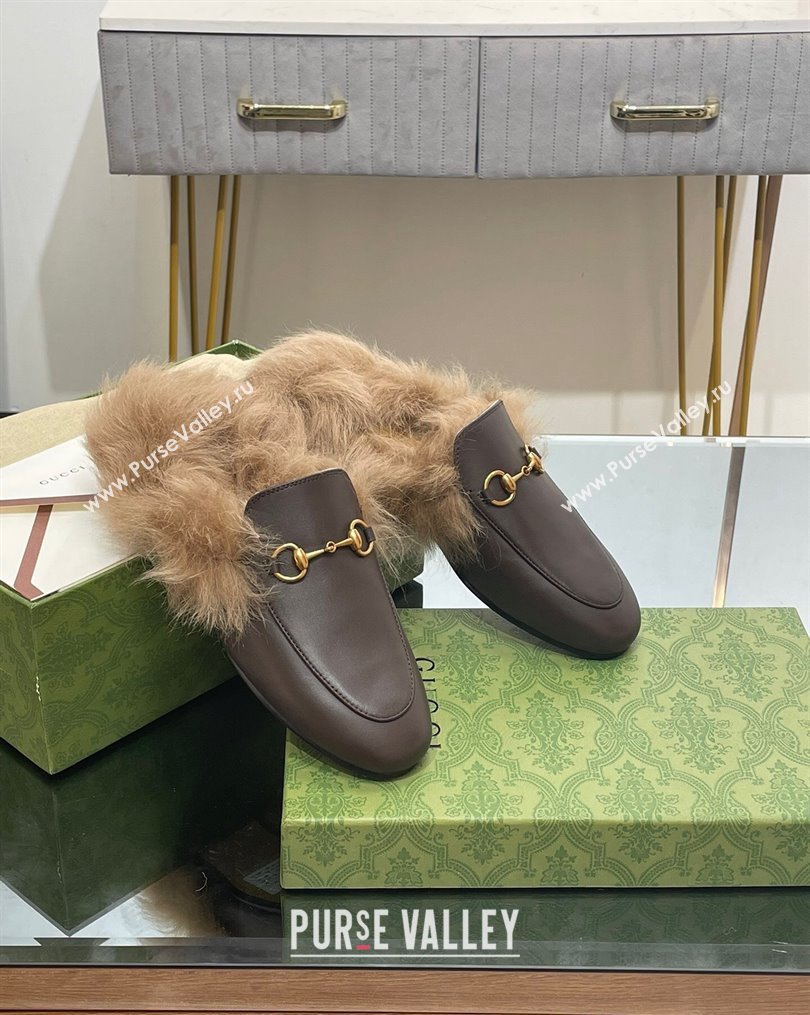 Gucci Leather and Wool Slippers with Horsebit Dark Brown 2023 1024 (MD-231024030)