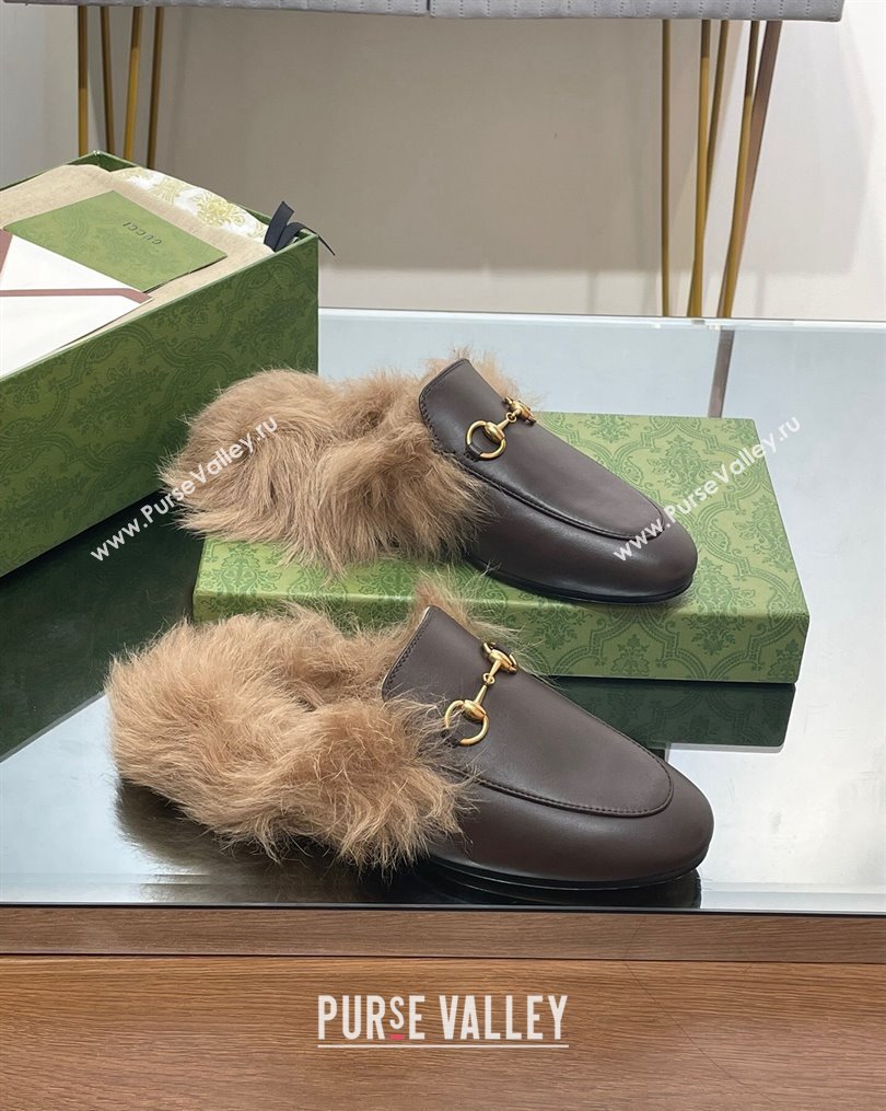 Gucci Leather and Wool Slippers with Horsebit Dark Brown 2023 1024 (MD-231024030)