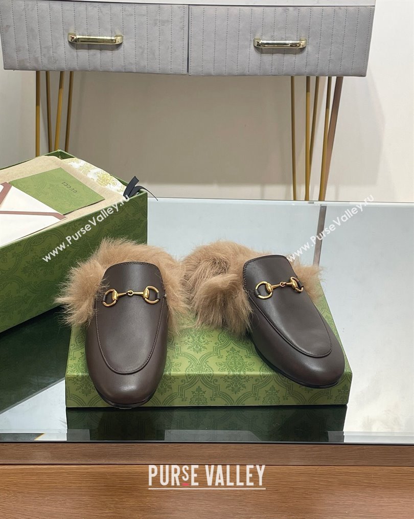 Gucci Leather and Wool Slippers with Horsebit Dark Brown 2023 1024 (MD-231024030)