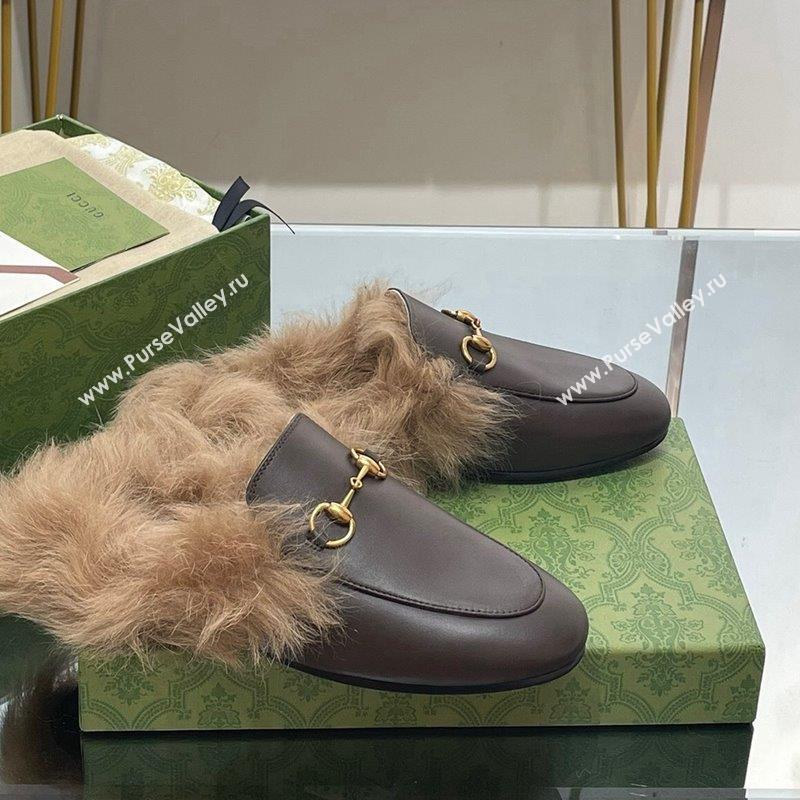 Gucci Leather and Wool Slippers with Horsebit Dark Brown 2023 1024 (MD-231024030)