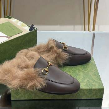 Gucci Leather and Wool Slippers with Horsebit Dark Brown 2023 1024 (MD-231024030)