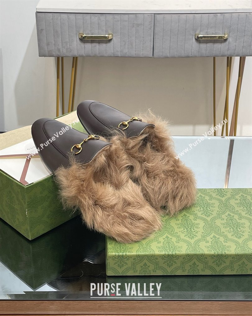 Gucci Leather and Wool Slippers with Horsebit Dark Brown 2023 1024 (MD-231024030)