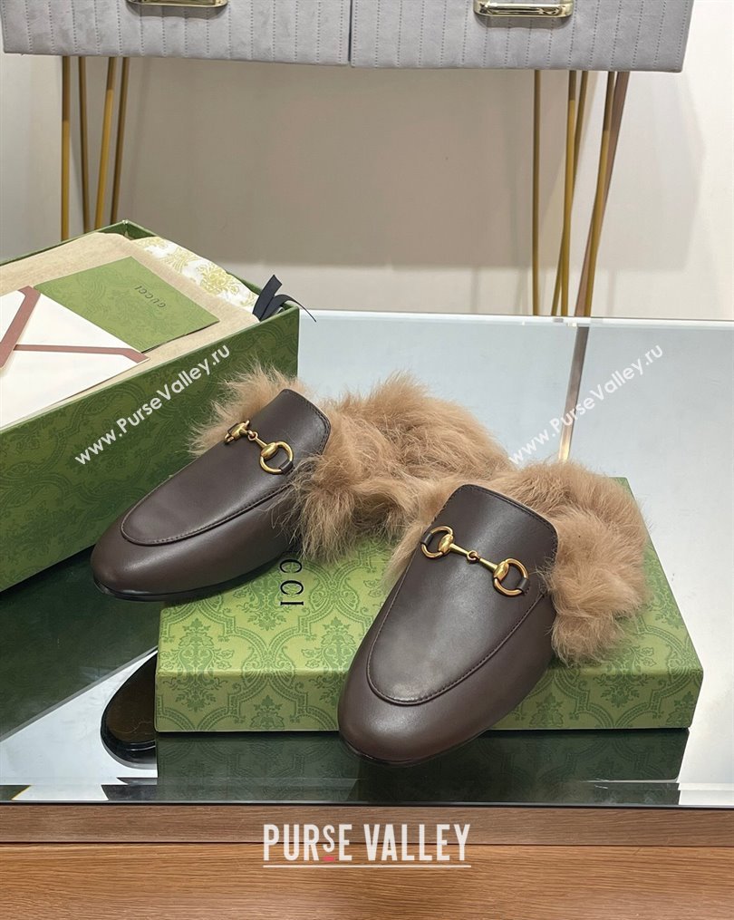 Gucci Leather and Wool Slippers with Horsebit Dark Brown 2023 1024 (MD-231024030)