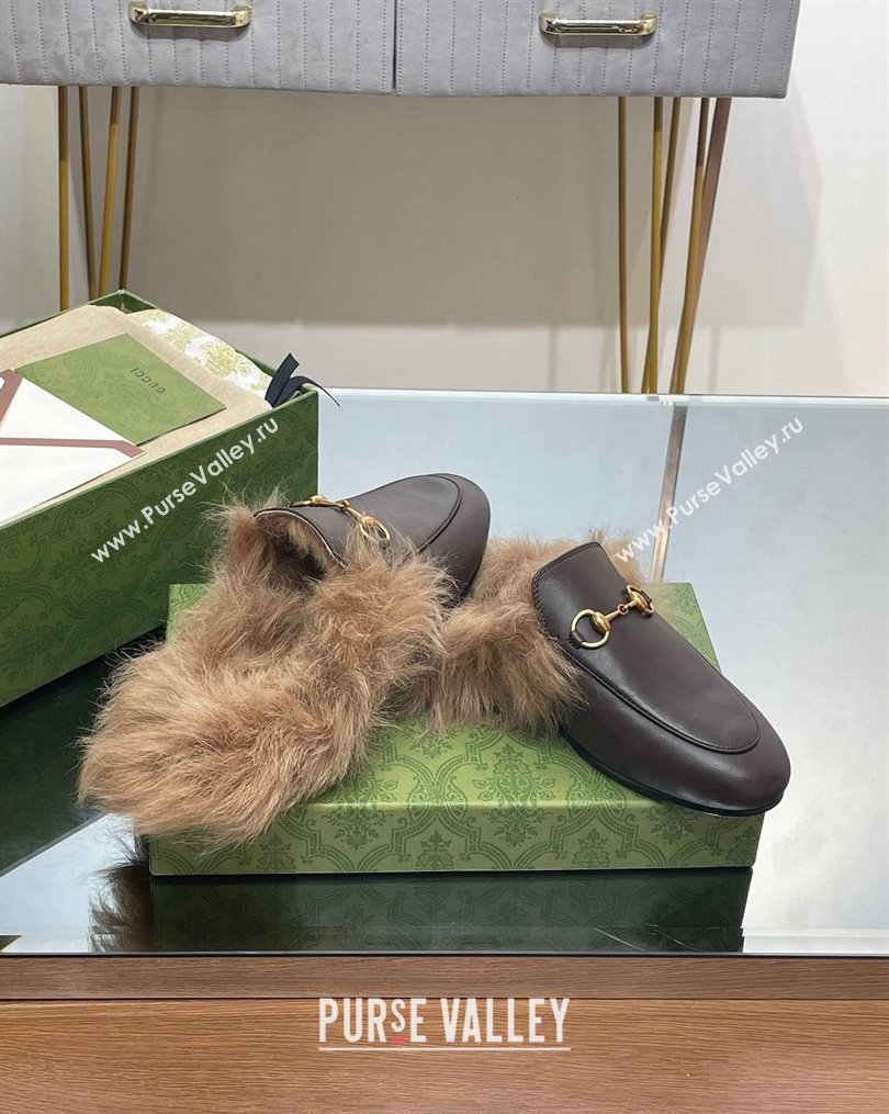 Gucci Leather and Wool Slippers with Horsebit Dark Brown 2023 1024 (MD-231024030)