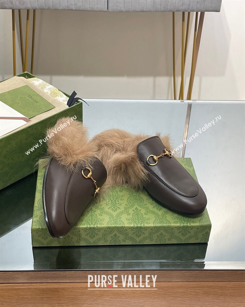 Gucci Leather and Wool Slippers with Horsebit Dark Brown 2023 1024 (MD-231024030)