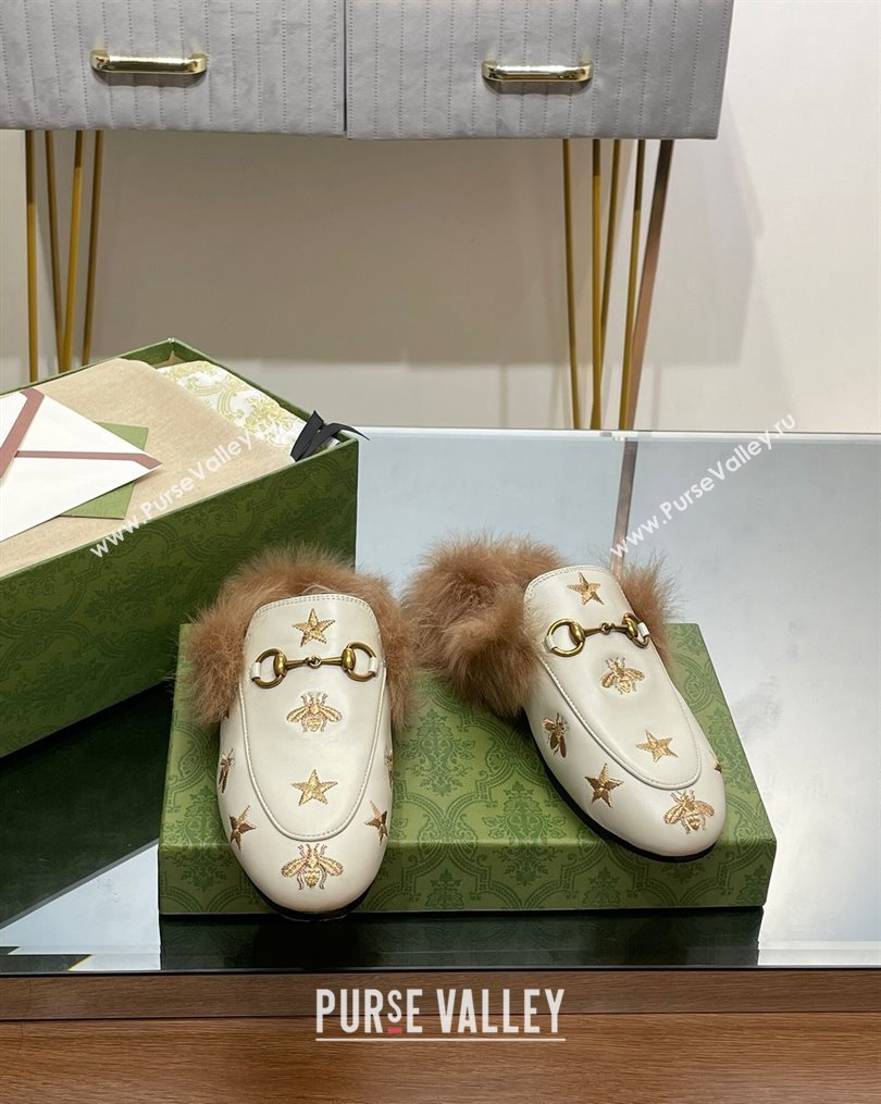 Gucci Leather and Wool Slippers with Horsebit and Bees White 2023 (MD-231025001)