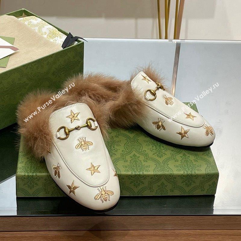 Gucci Leather and Wool Slippers with Horsebit and Bees White 2023 (MD-231025001)