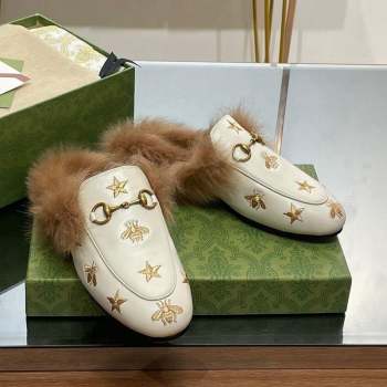 Gucci Leather and Wool Slippers with Horsebit and Bees White 2023 (MD-231025001)