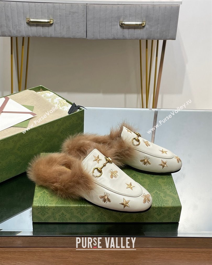 Gucci Leather and Wool Slippers with Horsebit and Bees White 2023 (MD-231025001)