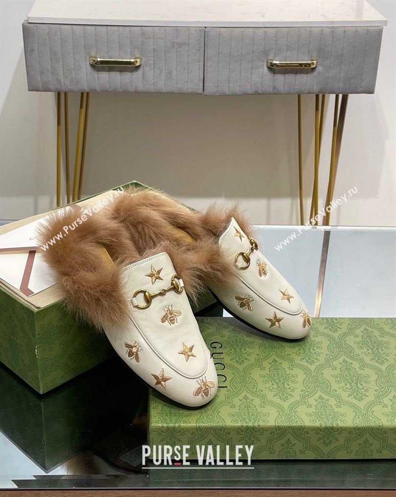 Gucci Leather and Wool Slippers with Horsebit and Bees White 2023 (MD-231025001)