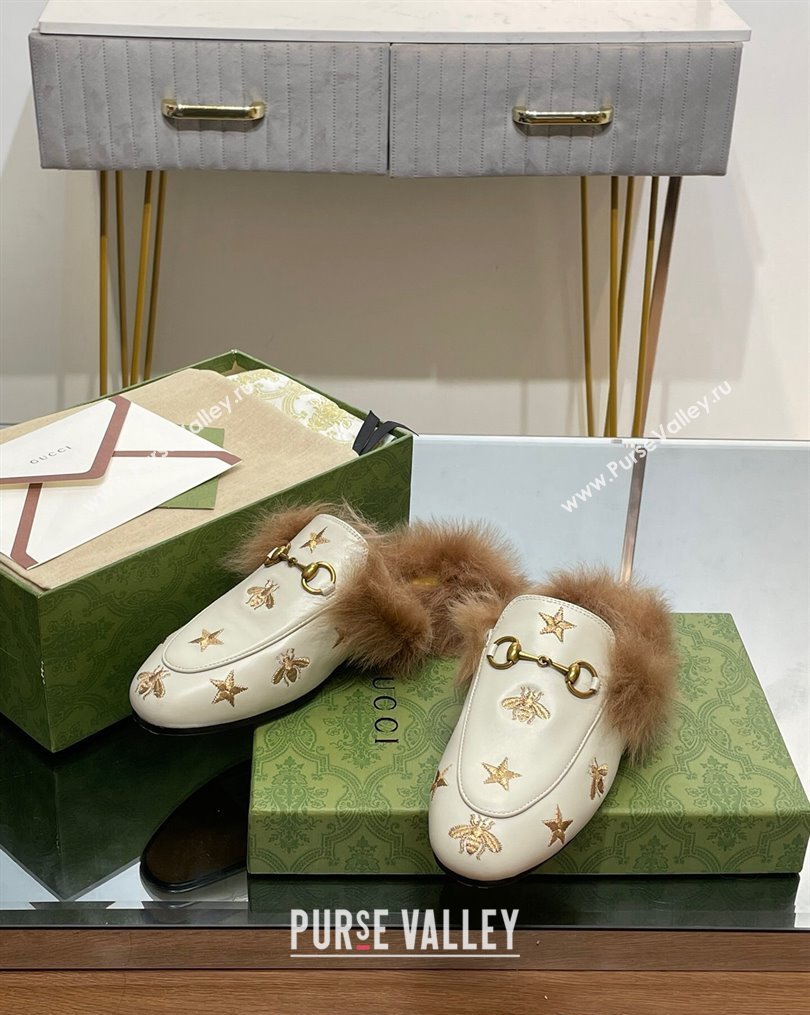 Gucci Leather and Wool Slippers with Horsebit and Bees White 2023 (MD-231025001)