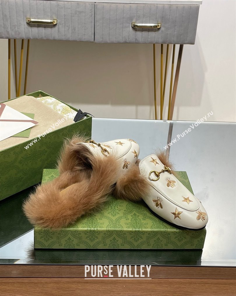 Gucci Leather and Wool Slippers with Horsebit and Bees White 2023 (MD-231025001)