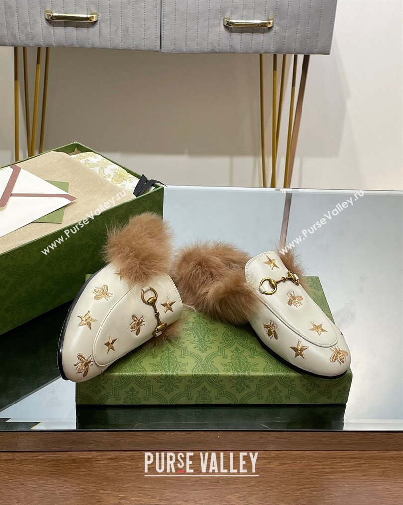 Gucci Leather and Wool Slippers with Horsebit and Bees White 2023 (MD-231025001)