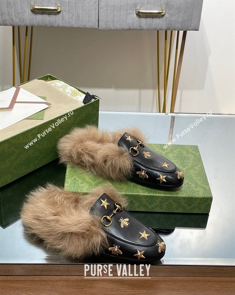 Gucci Leather and Wool Slippers with Horsebit and Bees Black 2023 (MD-231025002)