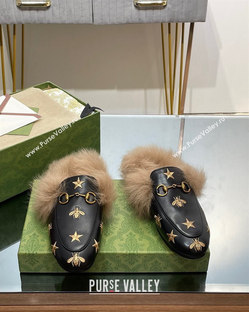 Gucci Leather and Wool Slippers with Horsebit and Bees Black 2023 (MD-231025002)