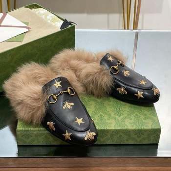 Gucci Leather and Wool Slippers with Horsebit and Bees Black 2023 (MD-231025002)