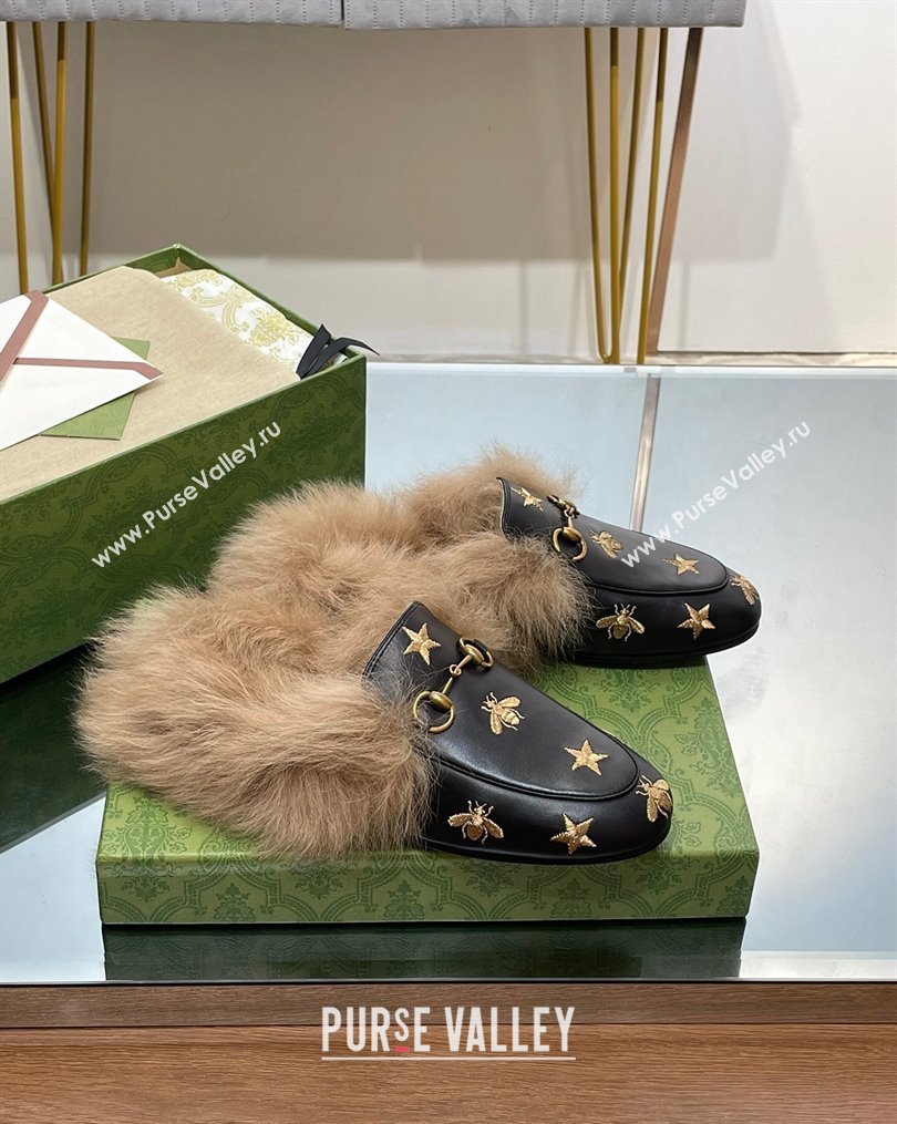 Gucci Leather and Wool Slippers with Horsebit and Bees Black 2023 (MD-231025002)