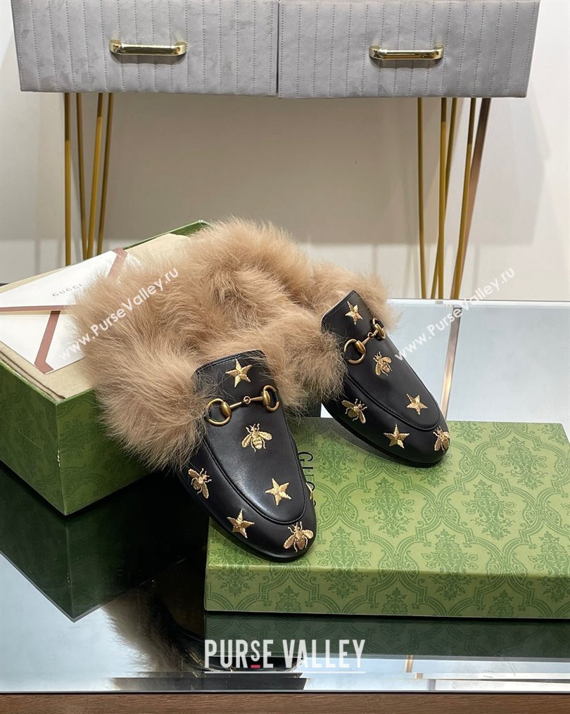 Gucci Leather and Wool Slippers with Horsebit and Bees Black 2023 (MD-231025002)