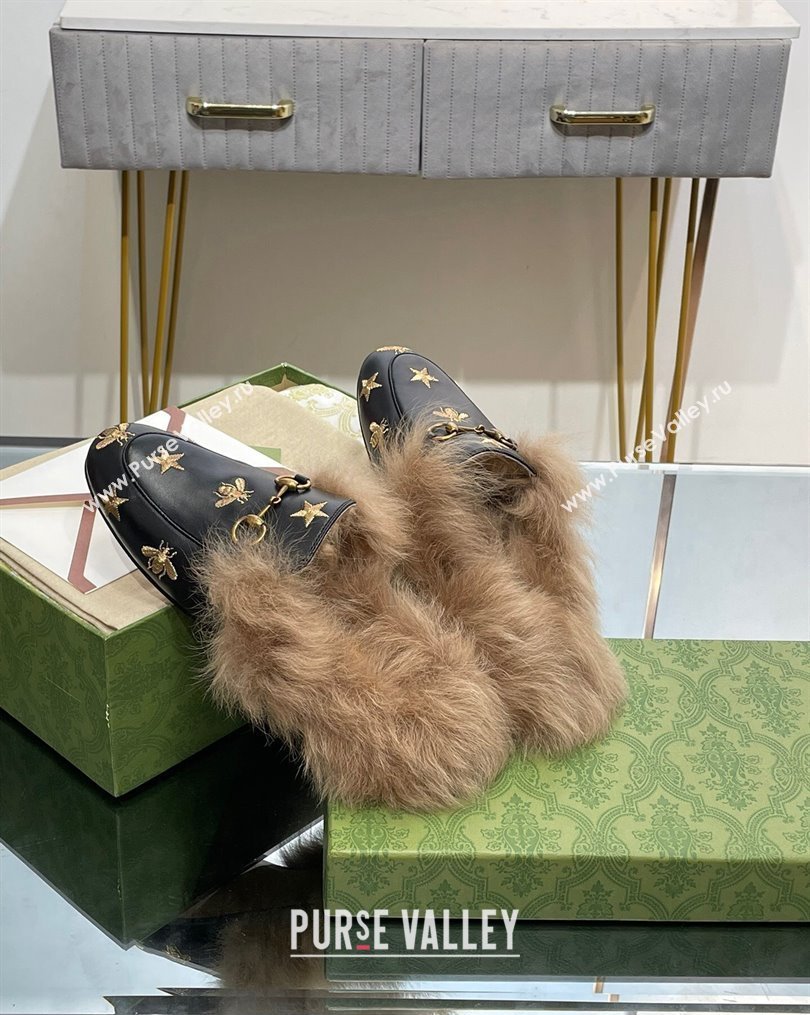 Gucci Leather and Wool Slippers with Horsebit and Bees Black 2023 (MD-231025002)