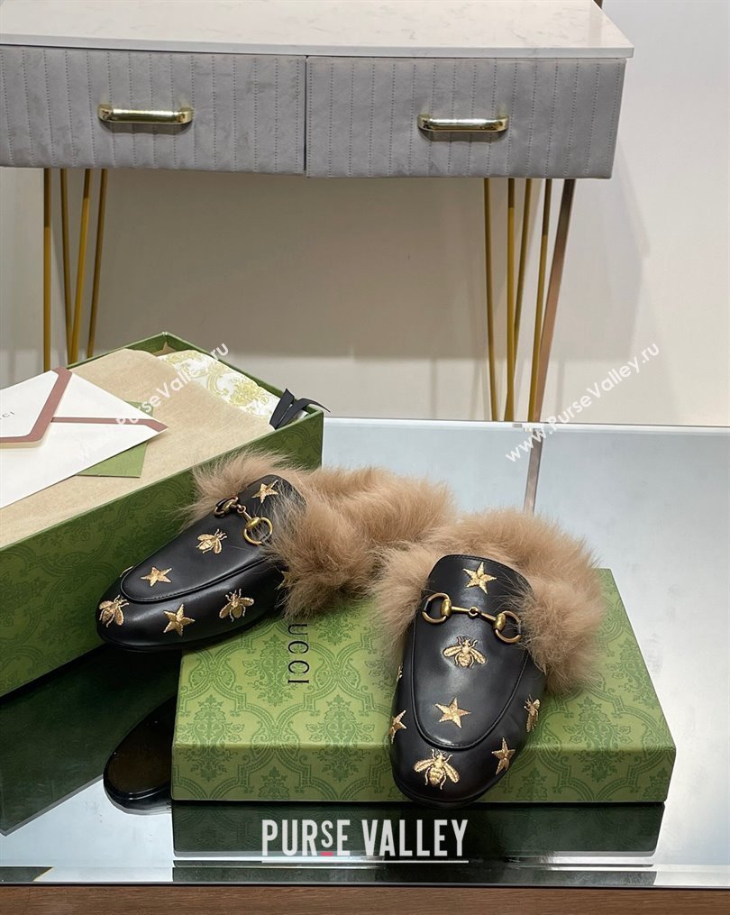 Gucci Leather and Wool Slippers with Horsebit and Bees Black 2023 (MD-231025002)