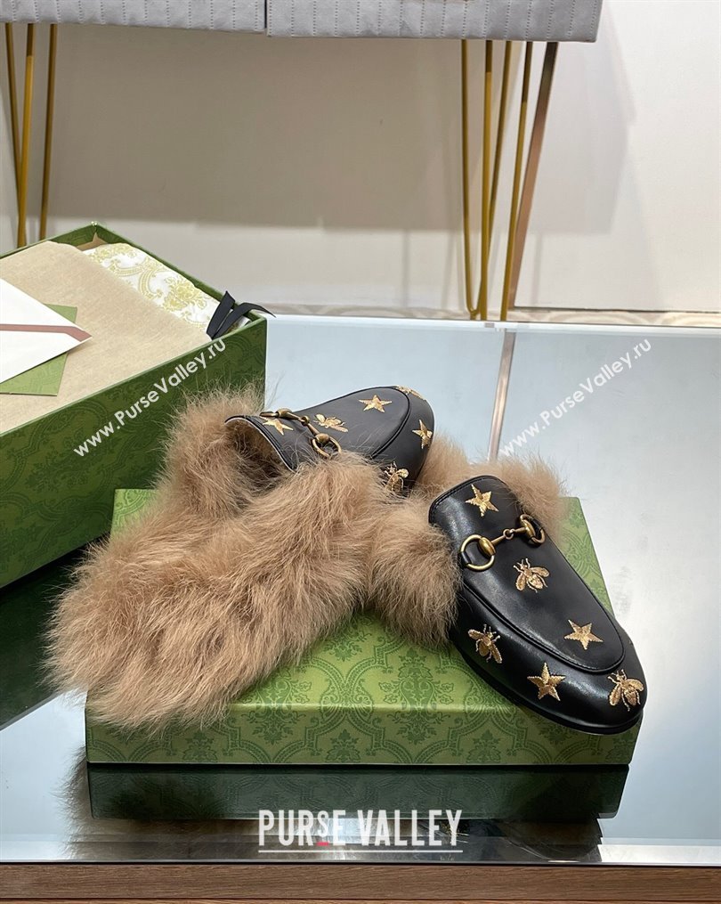 Gucci Leather and Wool Slippers with Horsebit and Bees Black 2023 (MD-231025002)