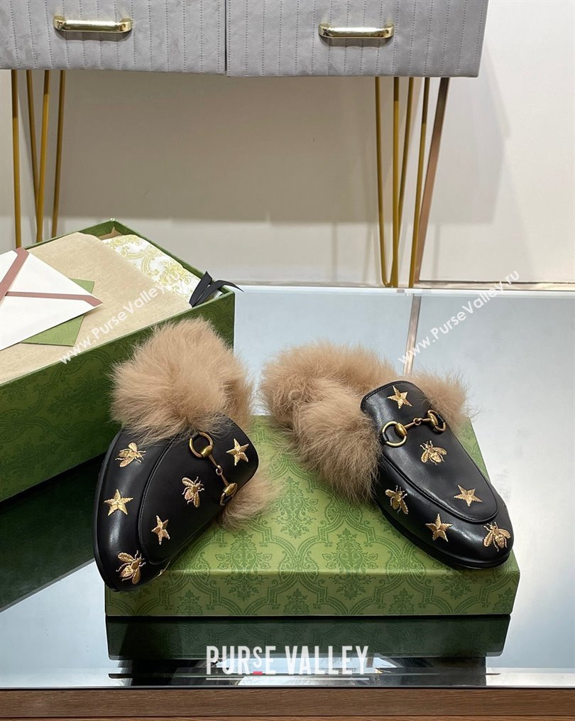 Gucci Leather and Wool Slippers with Horsebit and Bees Black 2023 (MD-231025002)