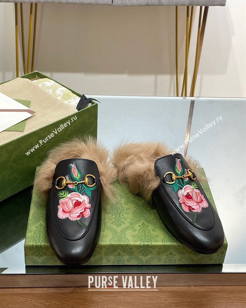 Gucci Leather and Wool Slippers with Horsebit and Flora Embroidery Black 2023 (MD-231025003)