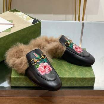 Gucci Leather and Wool Slippers with Horsebit and Flora Embroidery Black 2023 (MD-231025003)