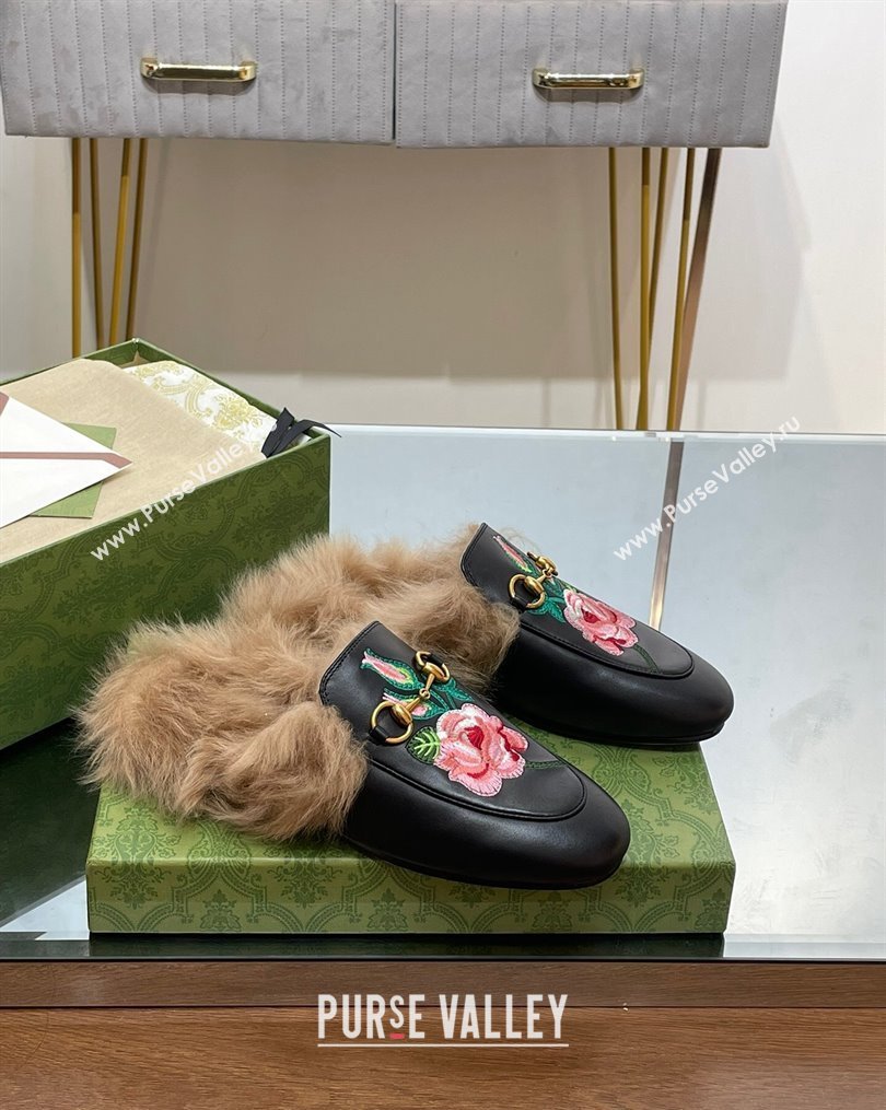 Gucci Leather and Wool Slippers with Horsebit and Flora Embroidery Black 2023 (MD-231025003)