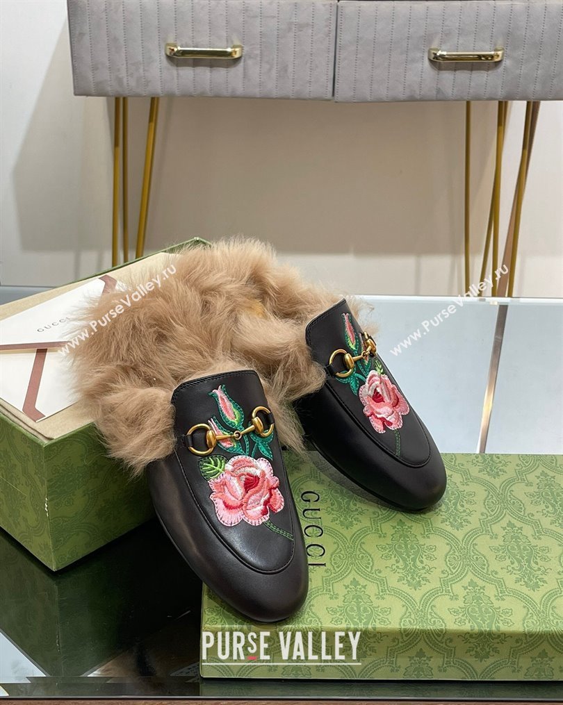 Gucci Leather and Wool Slippers with Horsebit and Flora Embroidery Black 2023 (MD-231025003)