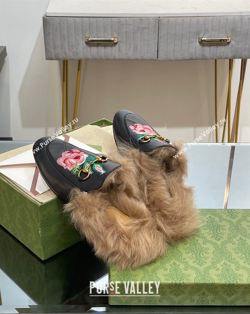 Gucci Leather and Wool Slippers with Horsebit and Flora Embroidery Black 2023 (MD-231025003)