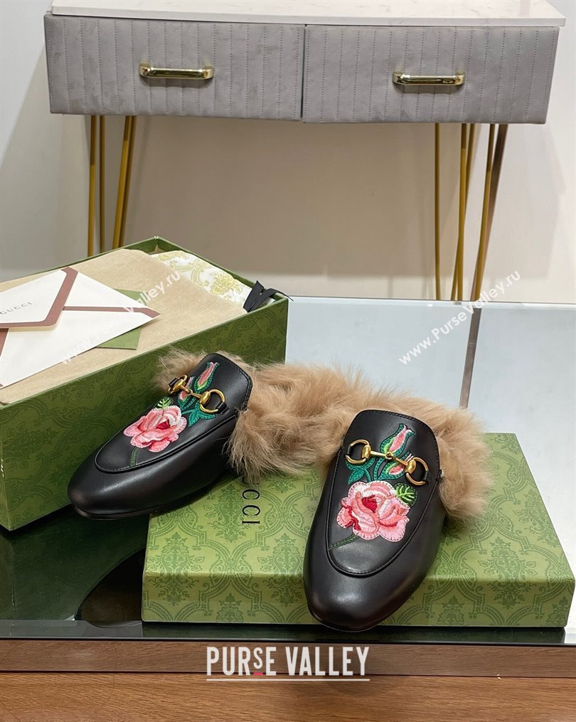 Gucci Leather and Wool Slippers with Horsebit and Flora Embroidery Black 2023 (MD-231025003)