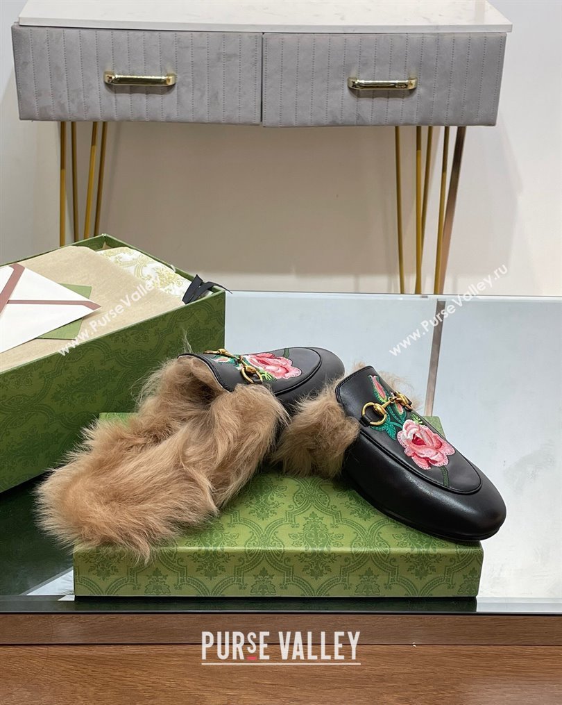 Gucci Leather and Wool Slippers with Horsebit and Flora Embroidery Black 2023 (MD-231025003)