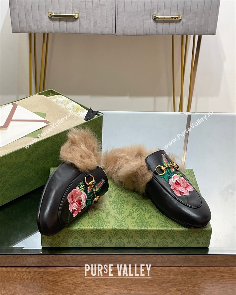 Gucci Leather and Wool Slippers with Horsebit and Flora Embroidery Black 2023 (MD-231025003)