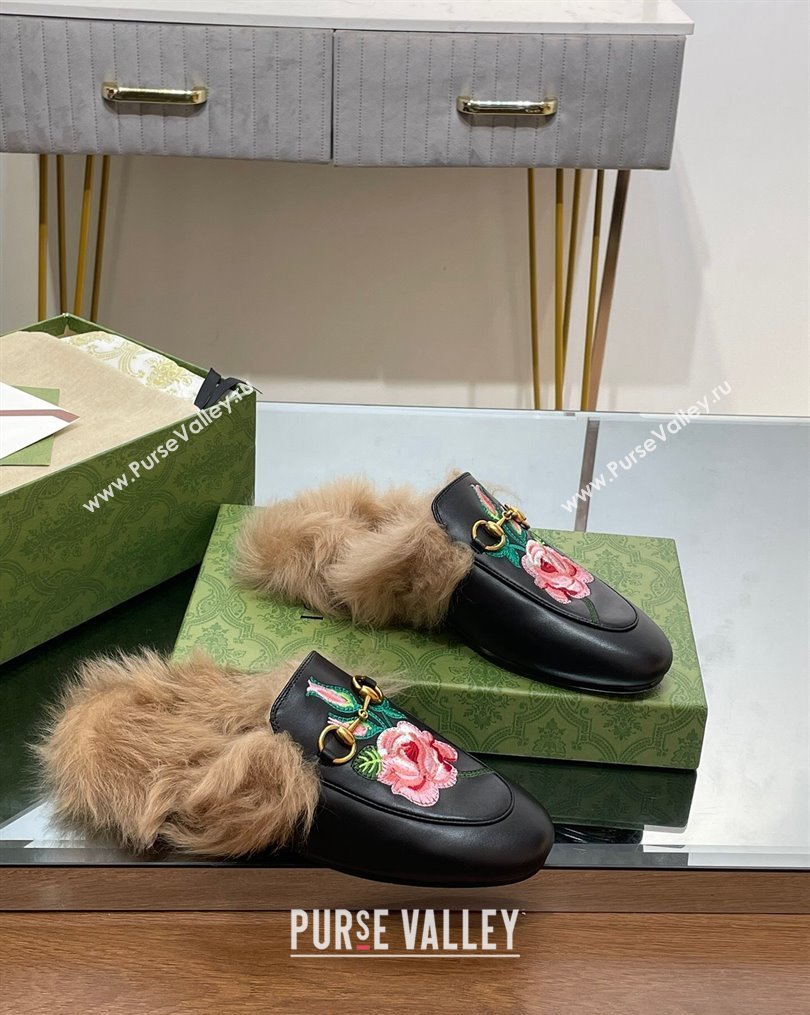 Gucci Leather and Wool Slippers with Horsebit and Flora Embroidery Black 2023 (MD-231025003)